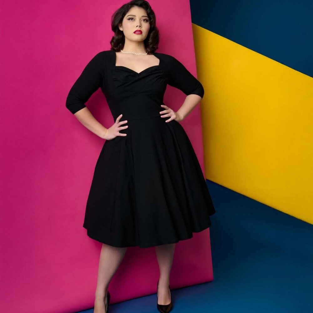 Miss Lulo 40s-style cotton blend femme fatale fit and flare black dress medium